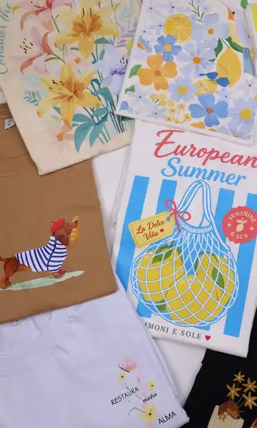 Camisetas estampadas com flores, limões e cachorrinho